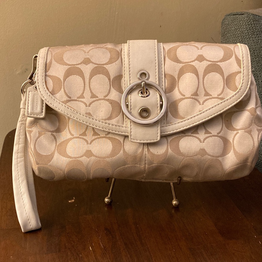 Coach Cream and Tan Signature wristlet